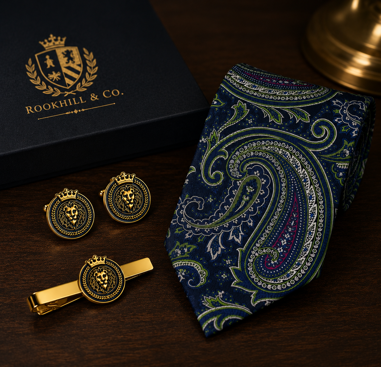 Rookhill cufflinks and tie clip displayed with a dress shirt