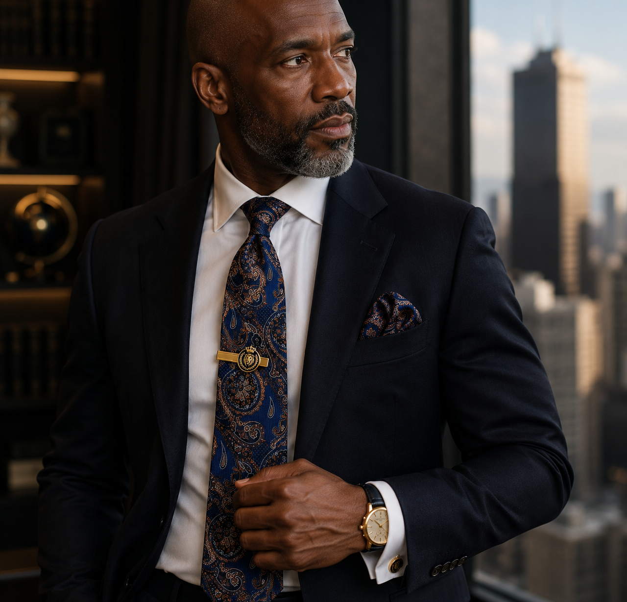Close-up of menswear details including fabric texture and accessories