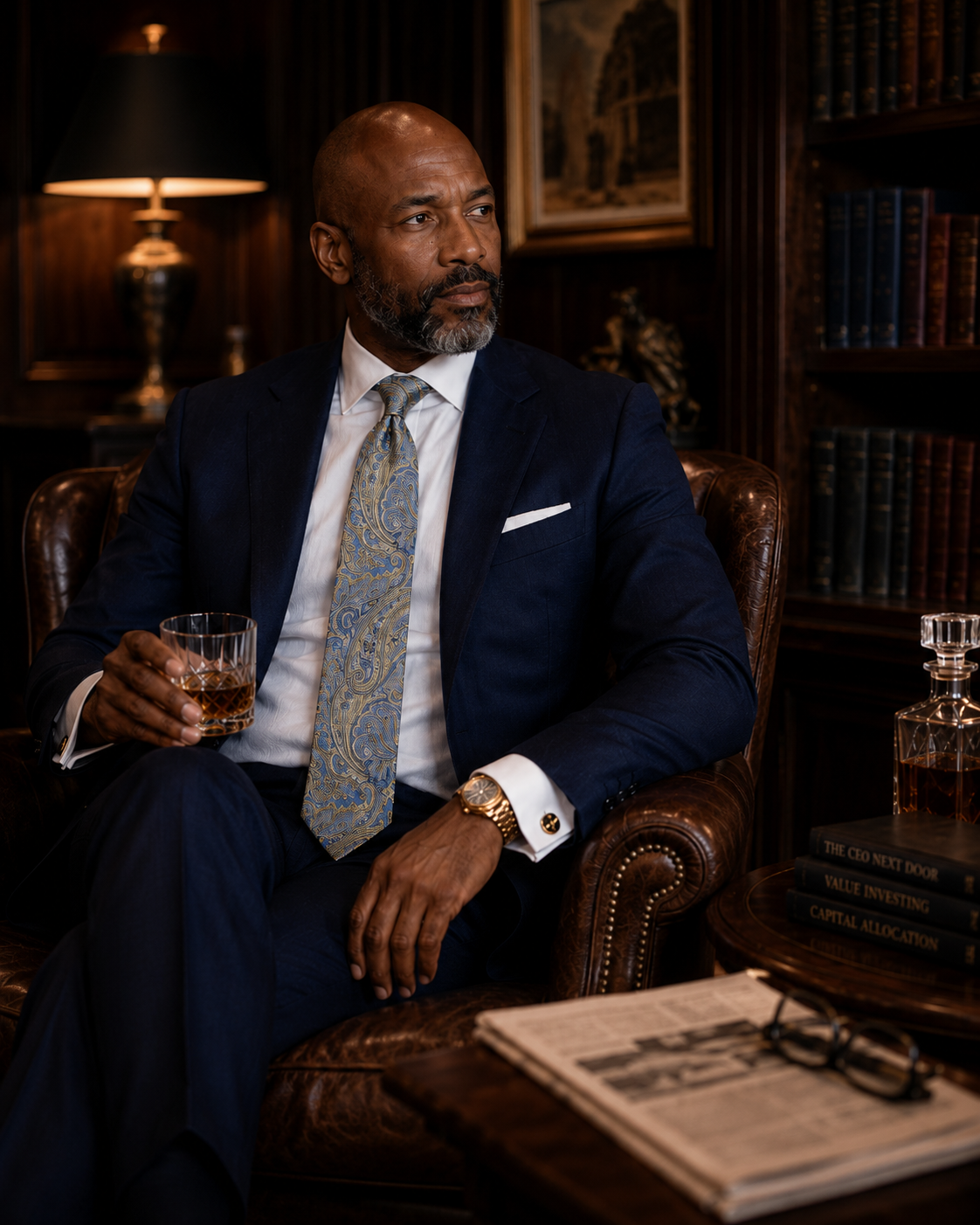 A well-dressed man wearing Rookhill accessories in a classic professional setting